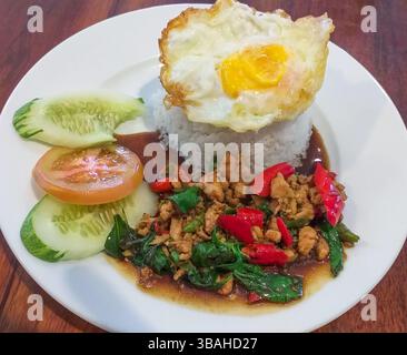 Frittura speziata di pollo al basilico tailandese con uovo fritto o Pad Krapow GAI Foto Stock
