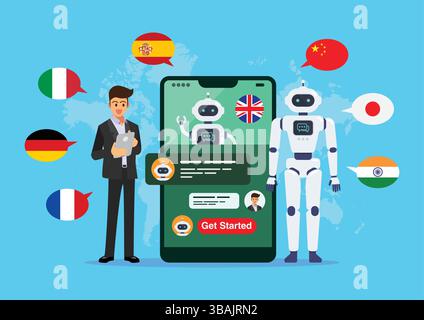 L'uomo d'affari sta parlando o chiacchierando con il bot della chat. Chat GPT. Intelligenza artificiale. Illustrazione vettoriale Illustrazione Vettoriale