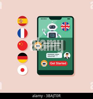 Apprendimento di diverse lingue straniere con Smart ai chat bot su smartphone Screen Chat GPT. Intelligenza artificiale. Illustrazione vettoriale Illustrazione Vettoriale