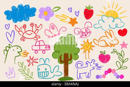 Disegni di pastelli per bambini - coloratissimi doodles di nuvole e cuori, farfalle e stelle, sole e dinosauro, animali e frutta, fiori. Adorabili elementi decorativi per il design dei bambini. Illustrazione Vettoriale