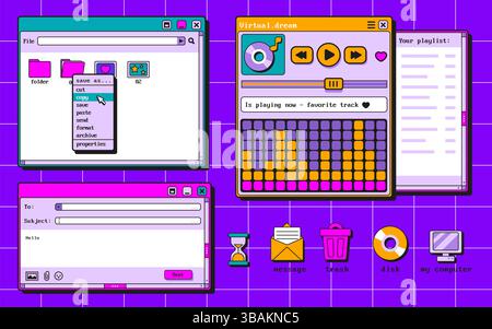 Le finestre e le icone del software retro vengono impostate in modo isolato sullo sfondo. Illustrazione vettoriale dell'interfaccia desktop del computer y2k, messaggio e-mail, lettore multimediale, frame di gestione file, cestino, disco pc, cartelli busta Illustrazione Vettoriale