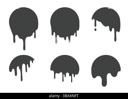 Icona del cerchio fuso con gocciolamento - gocce di vernice liquida nera che scorrono lungo forme arrotondate, fondono silhouette con vari motivi di gocciolamento. Disegni circolari composizioni in stile grunge. Illustrazione Vettoriale