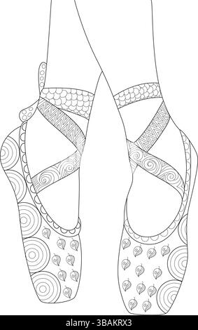Disegni dettagliati in bianco e nero dei piedi di una ballerina in piedi in pointe con fantasie complesse. Ideale per colorare libri, cr Illustrazione Vettoriale