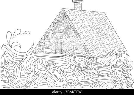 Disegno in bianco e nero di una casa decorata in modo complesso circondata da onde dinamiche e stilizzate. Questa illustrazione astratta raffigura il pow Illustrazione Vettoriale