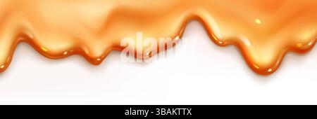 Gocce di caramello fuso - elemento di design dolce con salsa allo sciroppo d'acero o miele. Gocce liquide di toffee, bordo pozzanghera di zucca, spruzzo di zucchero fuso appiccicoso isolato su bianco per il condimento del dessert. Illustrazione Vettoriale