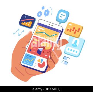 Grafico aziendale e finanza sullo smartphone in mano. Statistiche e analisi e gestione dei dati online Illustrazione Vettoriale