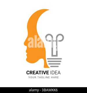 Logo astratto che mostra la silhouette arancione della testa umana unita a una lampadina, simboleggia il pensiero creativo, l'innovazione e le idee brillanti Illustrazione Vettoriale