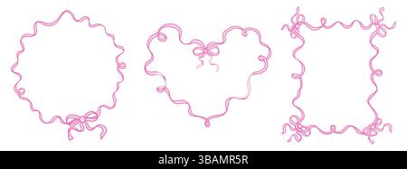 Cornici stravaganti Coquette con fiocchi a nastro in stile vintage alla moda. Delicati bordi vintage per feste, matrimoni, decorazioni regalo di compleanno. Illustrazione vettoriale disegnata a mano. Illustrazione Vettoriale