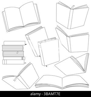 Serie di libri vari. Pile di libri e quaderni per la lettura, pile di libri di testo per l'istruzione. Pagina da colorare in bianco e nero. Foto Stock