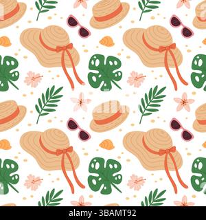 Cappelli in paglia con motivo senza cuciture. Accessori da spiaggia ripetuti, copricapo da donna in estate, occhiali da sole, foglie tropicali. Tessuto, carta da imballaggio, carta da parati Illustrazione Vettoriale