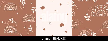 Un set di tre motivi per bambini senza cuciture disegnati in colori bohémien pastello neutri con arcobaleni, foglie, nuvole e punti. Illustrazione Vettoriale