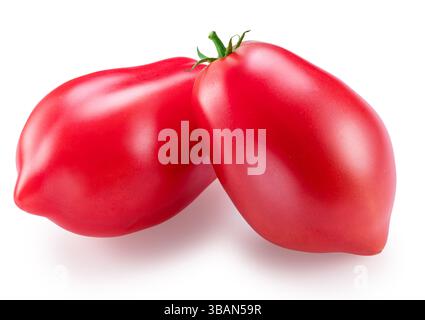 Pomodori rom maturi rossi o pomodori prugna isolati su sfondo bianco. Foto Stock