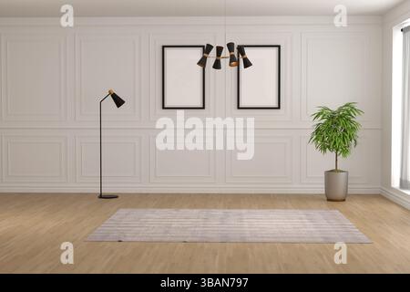 Rappresentazione 3d della stanza interna vuota. interni dal design classico. Camera Classic. vista frontale Foto Stock