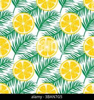 Sfondo estivo luminoso con fette di limone sui rami delle palme. Motivo senza cuciture con frutta succosa e vegetazione. Stampa colorata da spiaggia, grafica vettoriale Illustrazione Vettoriale