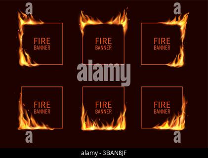 Realistica struttura quadrata in fiamme. I bordi dei bagliori vettoriali 3d sono bruciati con linguette fiammeggianti, particelle volanti e braci sui bordi dei telai. Bruciato Illustrazione Vettoriale