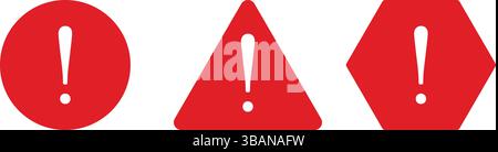 Serie di segnali di avvertenza stradali rossi e bianchi con simboli di punti esclamativi. Utilizzato per avvisi, precauzioni e istruzioni di sicurezza. Illustrazione Vettoriale