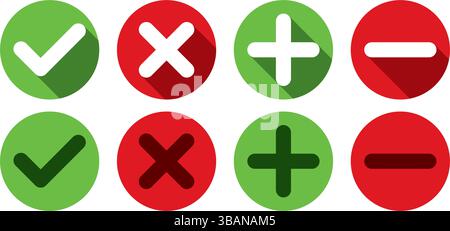 Esplora questo set di icone piatte semplici e pulite con simboli a segno, croce, più e meno, perfette per la progettazione Web, le interfacce utente e la radiomobile A. Illustrazione Vettoriale
