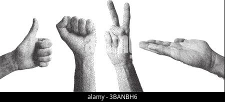 Stipite le mani umane punteggiate. Pugno maschile con effetto fotocopia vettoriale, pace e gesti per collage retrò alla moda y2k Illustrazione Vettoriale