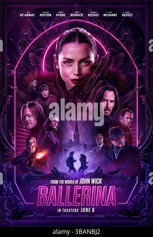 Ballerina (2025) diretta da Len Wiseman e interpretata da Ana de Armas, Anjelica Huston e Gabriel Byrne. Nell'universo di John Wick, una giovane assassina addestrata come ballerina dà la caccia ai responsabili dell'omicidio della sua famiglia, cercando vendetta in una malavita mortale. SOLO PER L'USO EDITORIALE del poster STATUNITENSE. Credito: BFA / Lionsgate Foto Stock