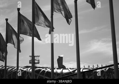Foto in bianco e nero delle bandiere olimpiche e della struttura dello Stadio Nazionale di Pechino durante i Giochi estivi del 2008 Foto Stock