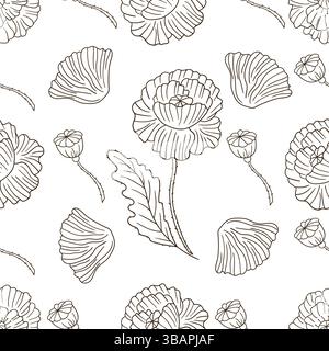 Motivo floreale monocromatico. Papavero. Modello per tessuti o cucine in stile disegno a mano. Stampa Illustrazione Vettoriale