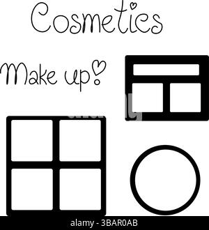 ombra oculare, blush, polvere isolata. Illustrazione della linea grafica vettoriale. Icona kawaii in bianco e nero. Per poster, volantini, banner, inviti, social media Illustrazione Vettoriale