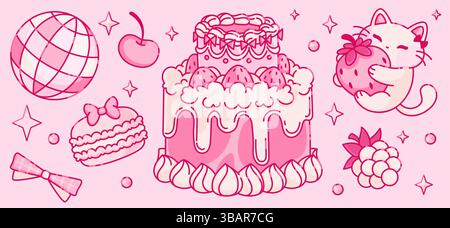 Torta di coquette e simpatica mascotte di animali su sfondo rosa. Illustrazione vettoriale del dessert a base di doodle vintage, palla da discoteca retrò, kawaii Cat cha Illustrazione Vettoriale