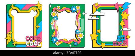 Cornici a colori psichedeliche isolate su sfondo bianco. Illustrazione vettoriale di bordi verdi decorati con stelle, nuvole, fulmini, Illustrazione Vettoriale