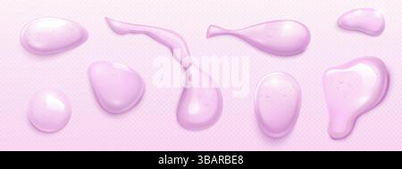 Set di gocce di gel cosmetico rosa isolate su sfondo trasparente. Illustrazione vettoriale realistica di siero liquido, crema per la cura della pelle, lozione di olio di bellezza, abs Illustrazione Vettoriale