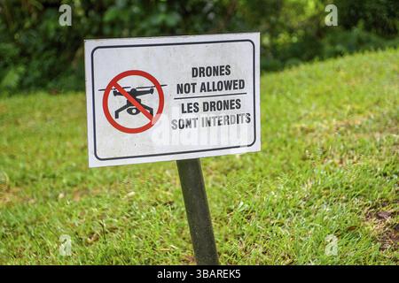 Cartello di divieto con l'avviso droni non ammessi, droni vietati in inglese e francese indica un divieto di droni volanti nel Chamarel natu Foto Stock