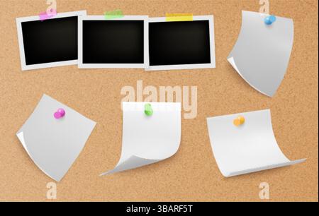 Sfondo con struttura in sughero con cornici fotografiche istantanee vuote bloccate, note di carta arricciate, spille colorate. Bacheca per gli annunci, promemoria Illustrazione Vettoriale
