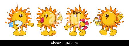 Mascotte retrò in varie pose - allegra espressione tonda del viso con occhiali da sole e anello gonfiabile, che tiene gelato e cocktail in gl Illustrazione Vettoriale