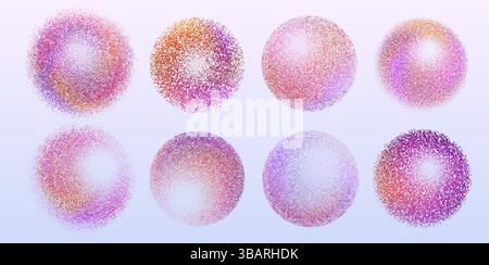 Globi a grana di colore impostati isolati su sfondo bianco. Illustrazione vettoriale realistica di sfere di punti astratti, cerchio di vernice rotondo rosa e viola Illustrazione Vettoriale
