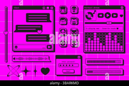 Schermate dell'interfaccia utente retrò: Lettore musicale, modello di finestra di chat, modulo di accesso e avatar. Elementi grafici rosa neon e bottoni vintage, slide Illustrazione Vettoriale