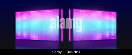 Schermi a LED illuminati su sfondo scuro: Grandi schermi da stadio o palcoscenico brillano di luce blu viola brillante. Cartelloni digitali vuoti o. Illustrazione Vettoriale