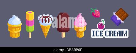 Gelato Pixel ART. dessert a 8 bit - servizio morbido alla vaniglia, sundae di fragole, barretta ricoperta di cioccolato, poppiera cosparsa. Grafica retrò Illustrazione Vettoriale
