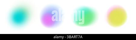 Sfondo astratto sfumato con colori vivaci blu, verde, giallo, rosa e rosso. Soffice sfocatura e bagliore al neon. Forme fluide arrotondate con texture granulosa e macchie geometriche. Stile Y2K alla moda. Illustrazione Vettoriale