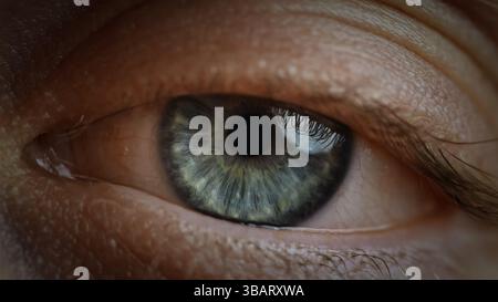 Occhio rivolto verso la fotocamera, vista macro ravvicinata estrema. Concetti di prospettiva, percezione e vista. Foto Stock