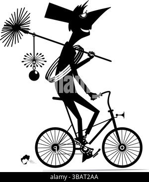 Spazzatrice per camini da cartoni animati. Divertente spazzatrice a camino in corsa nel cappello con una corda, una spazzola per camini e una scala. Illustrazione in bianco e nero Illustrazione Vettoriale