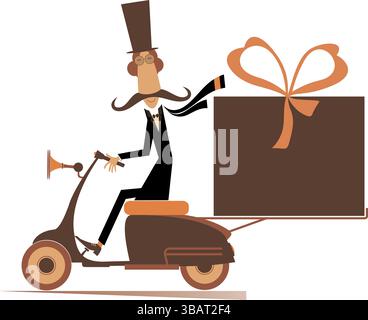 L'uomo divertente nel cappello trasporta una confezione regalo sullo scooter. L'uomo dei baffi lunghi del cartoni animati con il cappello a cappello cavalca sullo scooter con una grande confezione regalo Illustrazione Vettoriale