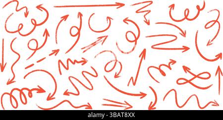 Set di scarabocchi con freccia rossa in gesso - brandelli disegnati a mano, curve, puntatori. Illustrazione Vettoriale
