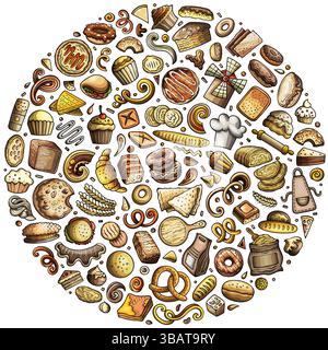 Set di oggetti per scarabocchi cartoni da forno. Composizione rotonda Illustrazione Vettoriale