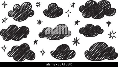 Set doodle nuvole con stelle - disegno pastello infantile, sagome grunge nere isolate su bianco. Illustrazione Vettoriale