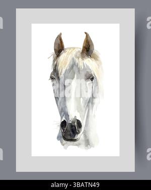 Muso di cavallo bianco con leggeri colpi tra le grandi orecchie sul poster. Grafica acquerello Illustrazione Vettoriale
