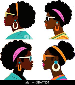 Ritratti di donne in stile retrò stampe geometriche vivaci Illustrazione Vettoriale