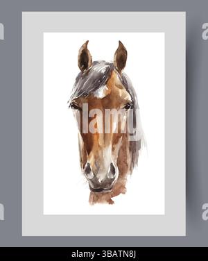 Faccia di cavallo o bambino grasso allevato da allevatori di bestiame nell'azienda agricola su arte muraria. Grafica acquerello Illustrazione Vettoriale