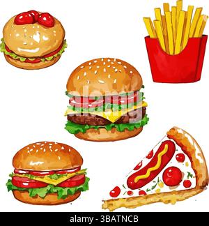 Vivace illustrazione di fast food ad acquerello, hamburger, pizza, patatine fritte, poster Illustrazione Vettoriale