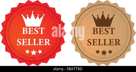 Distintivi BEST seller in rosso e marrone con corona e stelle Illustrazione Vettoriale