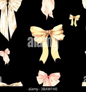 Motivo di archi di diverse dimensioni dipinti con acquerelli. Fiocchi gialli e rosa fatti di nastri nel motivo. Sfondo nero. Adatto per la stampa Foto Stock