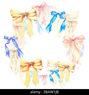 Corona di archi gialli, rosa, blu, viola, beige di grandi e piccole dimensioni. Riflesso e scolorito. Doppia corona. Dipinto a mano con acquerelli. Roun Foto Stock